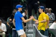 Jannik Sinner of Italy, Alex de Minaur of Australia in the Semi Final tie between Italy and Australia during the Davis Cup Finals on November 23, 2024 in Malaga, Spain. - Source: Getty
